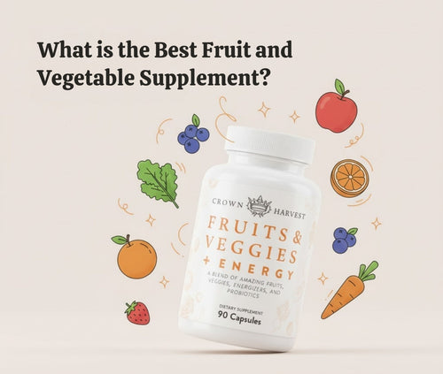 Crown Harvest fruit and vegetable supplement, Fruits & Veggies + Energy bottle on neutral background, 90 capsules, probiotic blend.