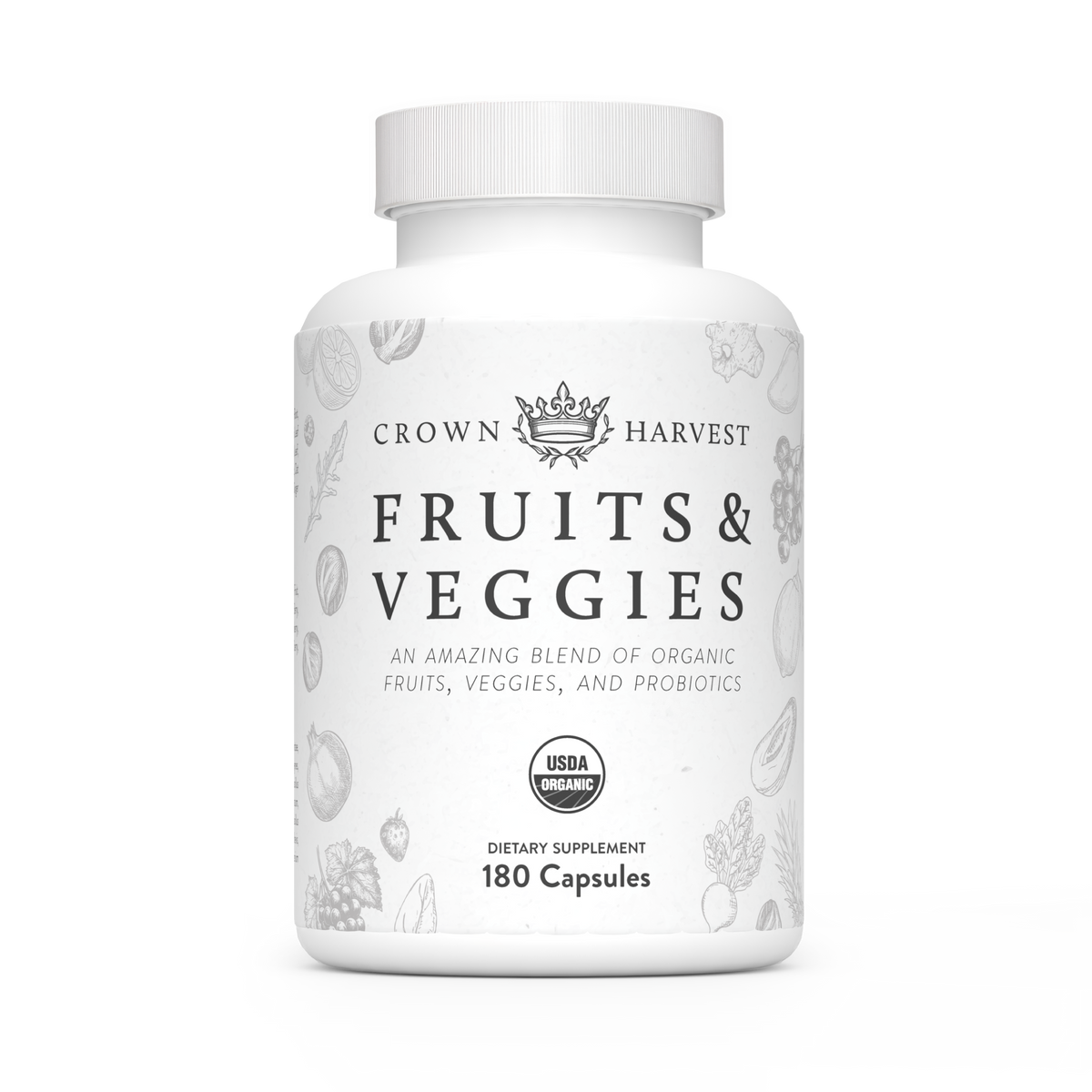Crown Harvest Organic Fruits & Vegetables - Non GMO, Vegan, Gluten-Free, 180 capsules, 30 day supply