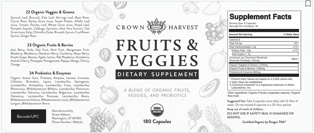 Crown Harvest Organic Fruits & Vegetables - Non GMO, Vegan, Gluten-Free, 180 capsules, 30 day supply
