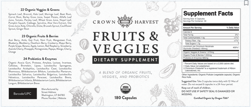 Crown Harvest Organic Fruits & Vegetables - Non GMO, Vegan, Gluten-Free, 180 capsules, 30 day supply