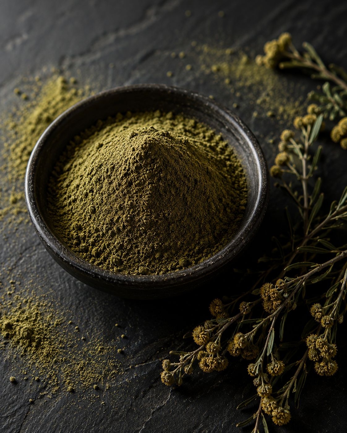 Micronized whole-plant powder in a stone bowl